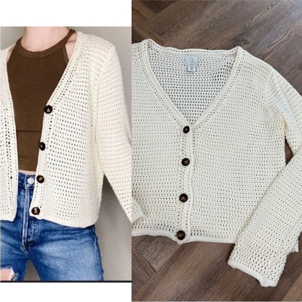 Revolve Joie Open Knit Stitch Crochet Cream White Cardigan - Picture 4 of 8